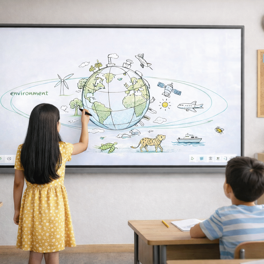 Student working on Interactive flat panel display